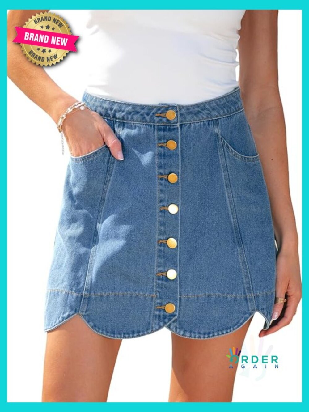 High Waist Denim Mini Skirt Button Front Scalloped Hem Y2K Style